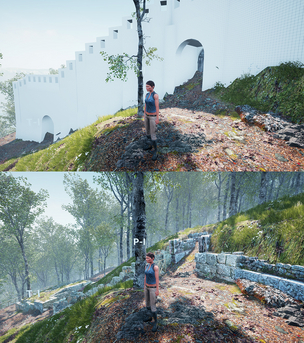 Unreal Engine: in einfachen Farben gehaltene Darstellung einer möglichen historische Version (oben) sowie der aktuelle Stand der italienischen Siedlung (unten)