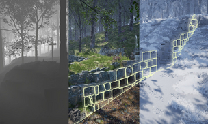 Unreal Engine, Darstellung der Tiefe (links) sowie die Kombination der im Feld gezeichneten Mauersteinkonturen (gelb) mit den 3D-Modellen