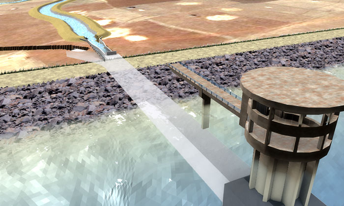 Der Tower, der den Abfluss regelt: 3D-Visualisierung des Projektes 'Koga Irrigation and Watershed Management' in Äthiopien